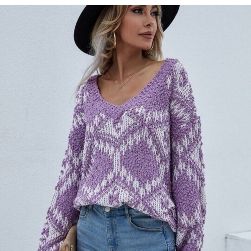 Anna-Kaci Crochet Knit Purple and White V-Neck Sweater size Small NWOT